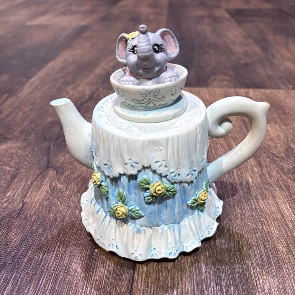 Vintage Elephant Teapot Music Box Blue Floral Lace Style Japan Tested